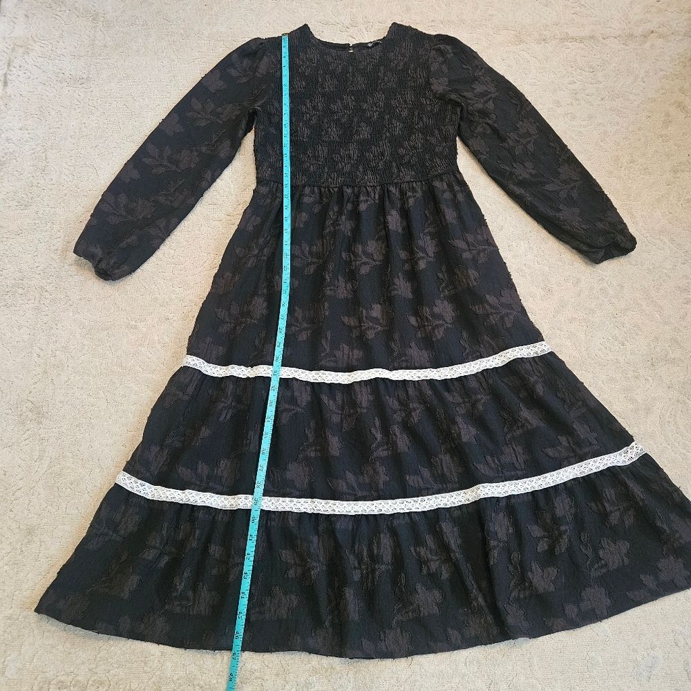 Pretty Garden Dress Women L Black Smocked Bodice Bishop Sleeves Goth Witchy Maxi - Picture 5 of 13